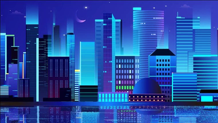 未来科技科幻霓虹灯渐变绚丽城市建筑夜景灯光插画AI/PSD设计素材100套【015】